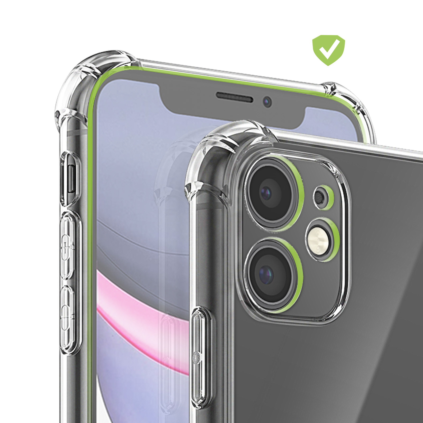 Transparente Smartphone-Schutzhülle mit verstärkten Ecken und grünem Rand.