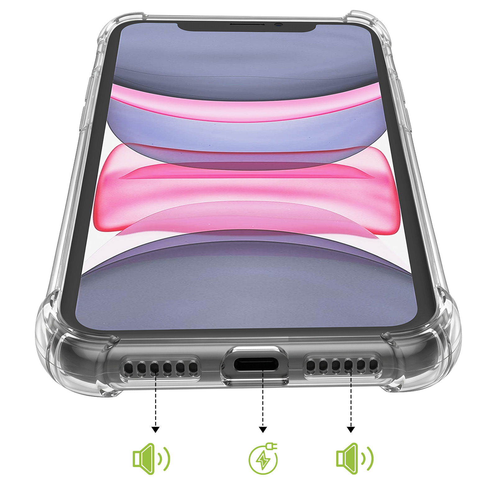 Smartphone in transparenter Hülle mit Pfeilen zu den Lautsprechern und zum Ladeanschluss.