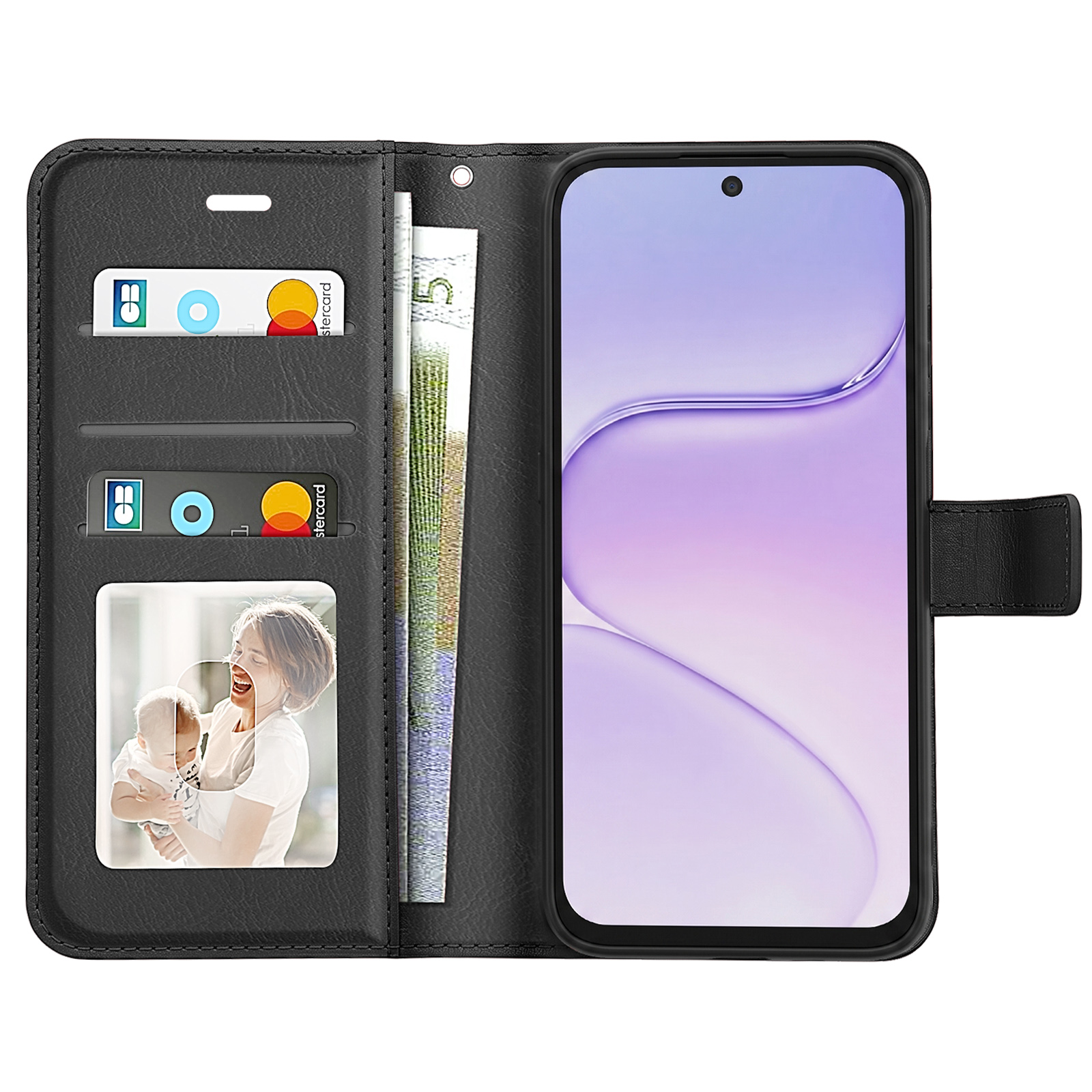 Schwarze Leder-Handyhülle mit Kartenfächern, Geldscheinen und Foto auf der Innenseite und Smartphone auf der rechten Seite.