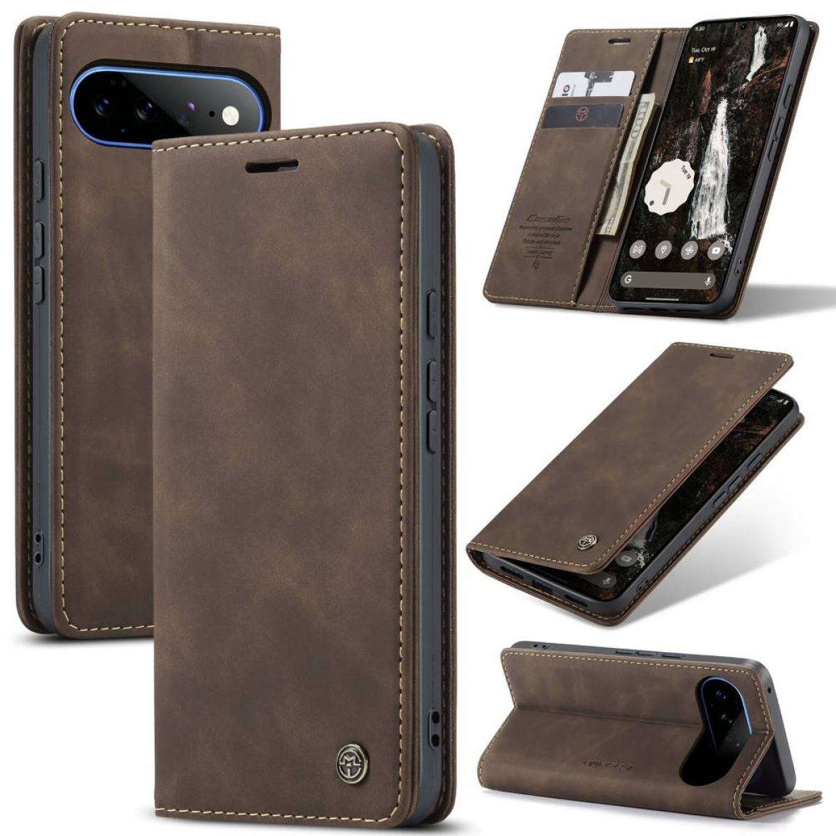 Braune Leder-Klapphülle für Smartphone mit Kartenfächern und Ständer.