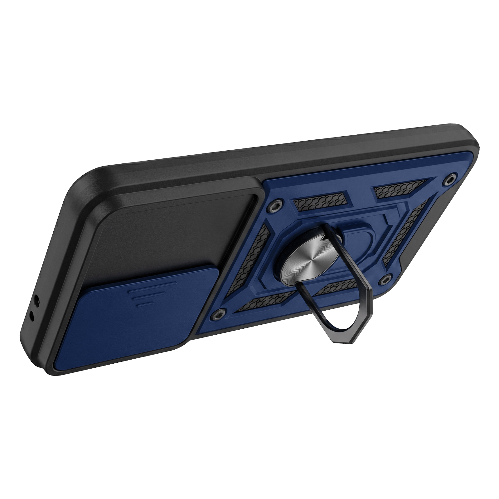 Eine schwarz-blaue Smartphone-Schutzhülle mit integriertem Metallring-Ständer und Kameraabdeckung auf der Rückseite.