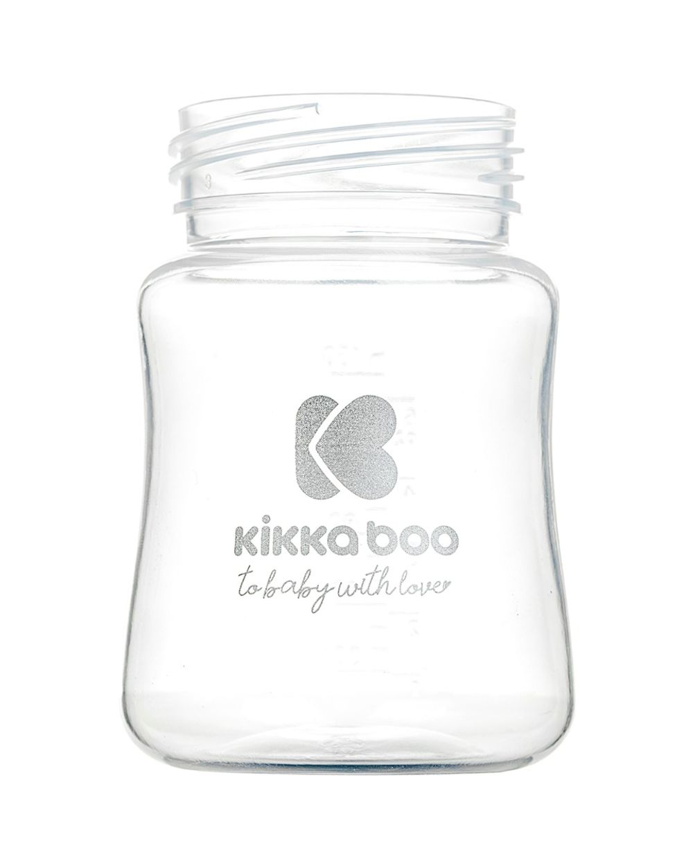 Eine klare Babyflasche mit der Aufschrift KikkaBoo und einem herzförmigen Logo.