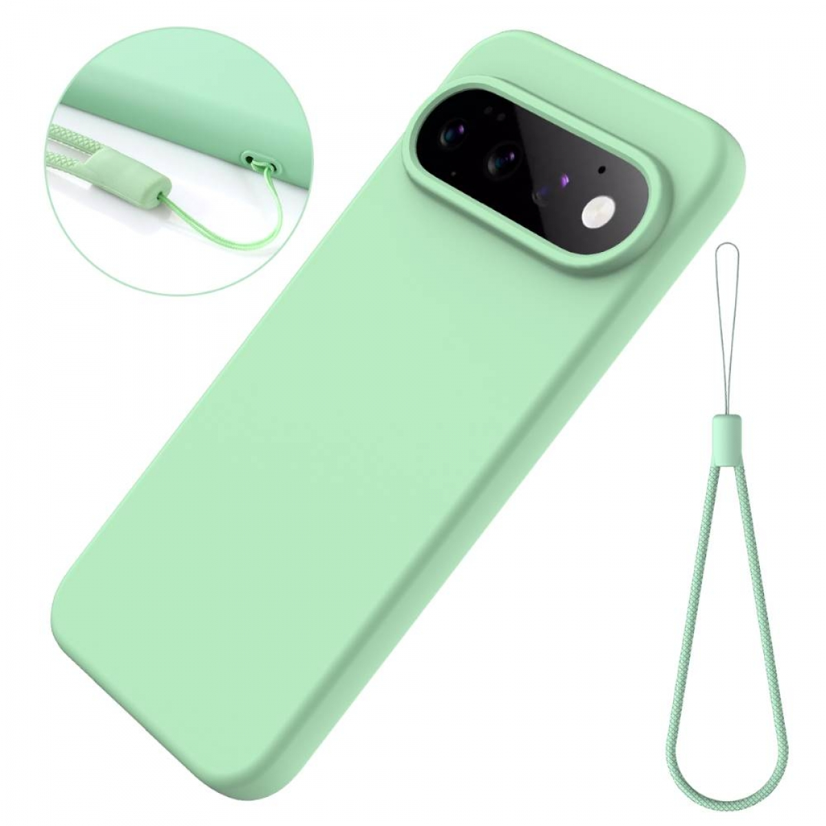 Eine mintgrüne Smartphone-Hülle mit Kamera-Aussparung und passender Handschlaufe in zwei Ansichten.
