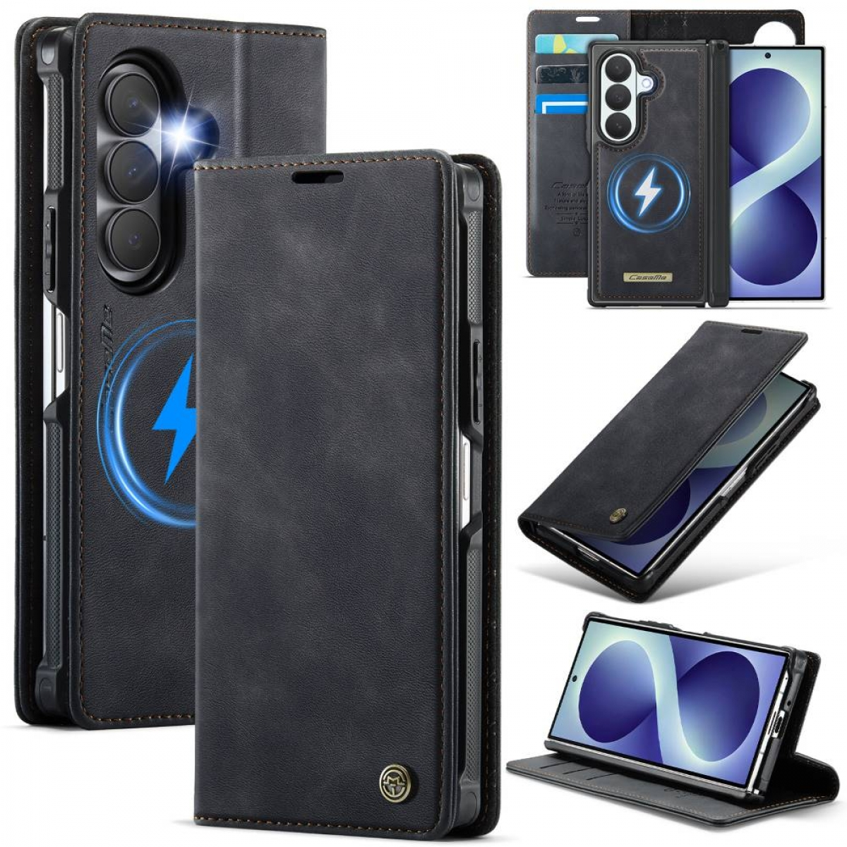 Collage aus schwarzen Leder-Smartphone-Brieftaschen mit mehreren Winkeln, Kartenfächern und einem leuchtenden Logo.