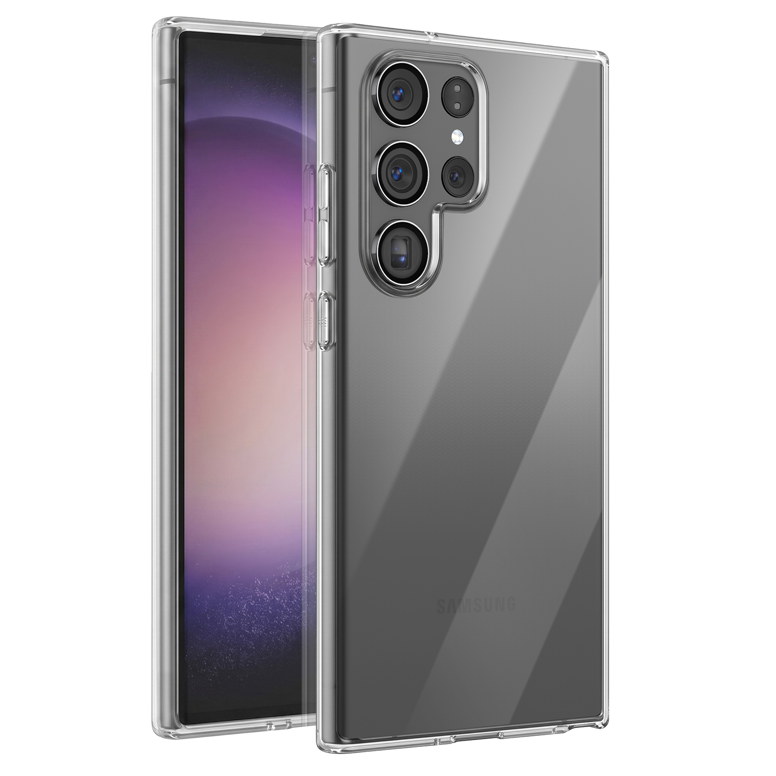 Ein Smartphone in einer transparenten Schutzhülle, die Vorder- und Rückseite mit mehreren Kameras zeigt.