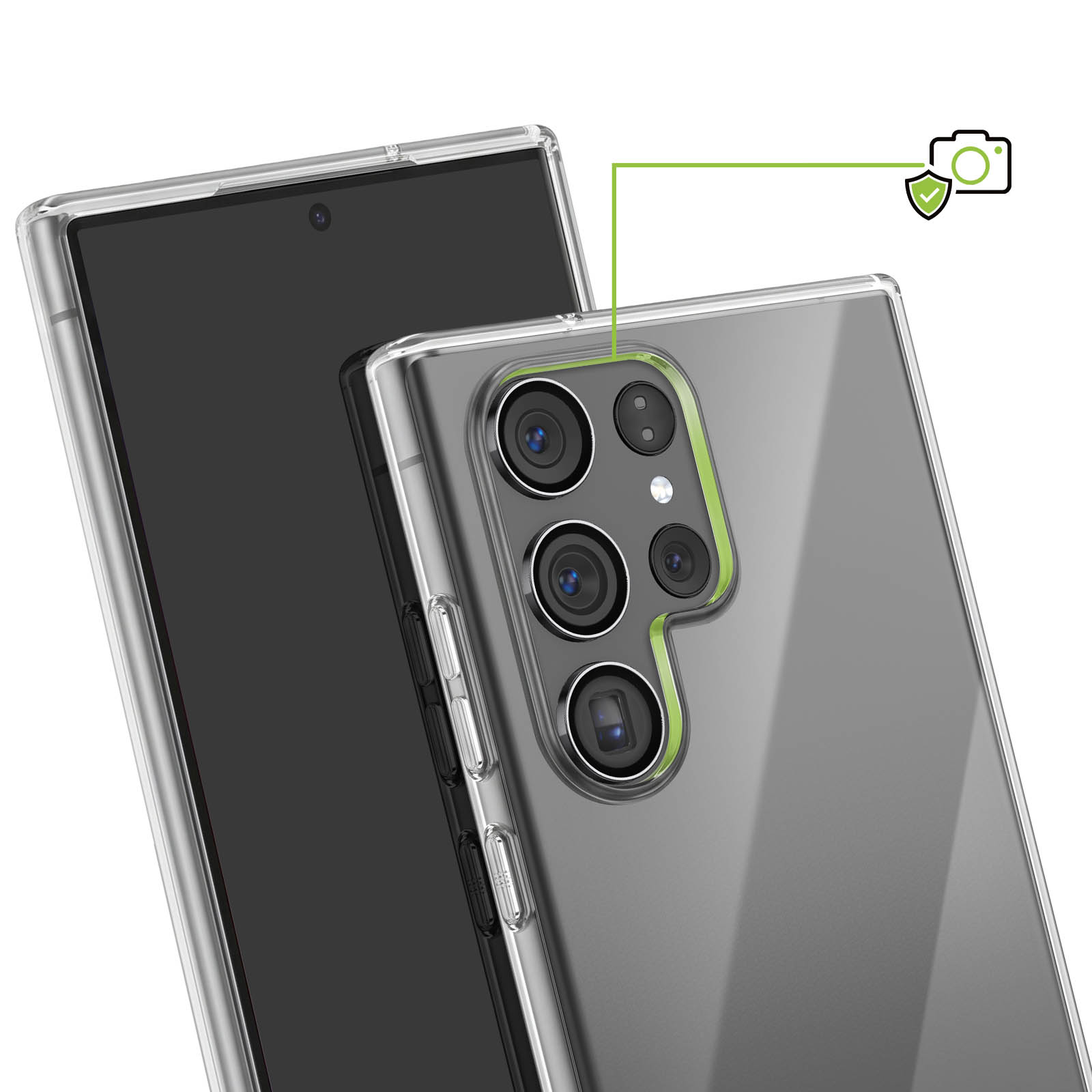 Transparente Handyhülle auf Smartphone, zeigt Kameraausschnitt mit Schutz-Symbol.