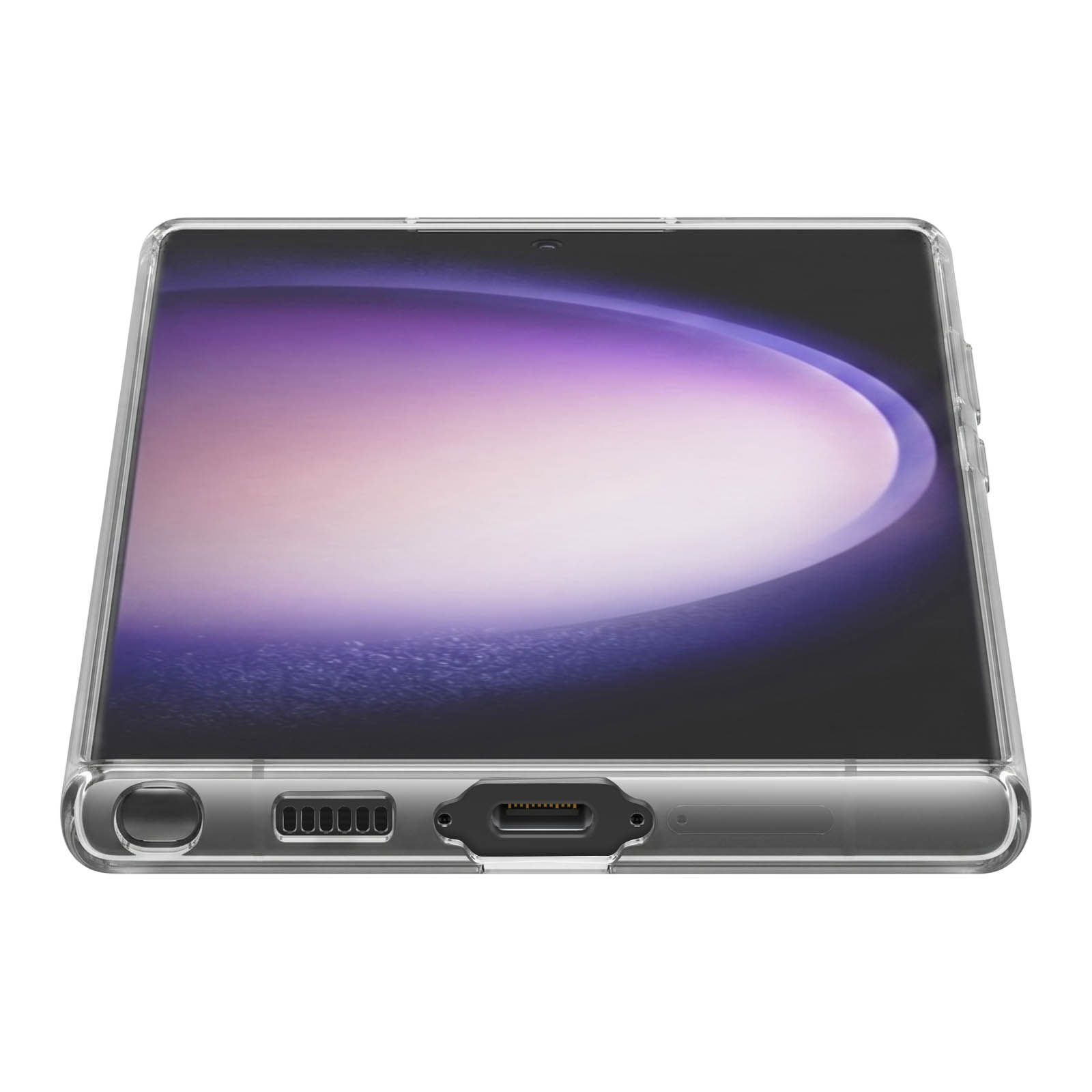Unterseite eines Smartphones mit transparentem Schutzcase, USB-C-Anschluss, Lautsprecher und Stift.
