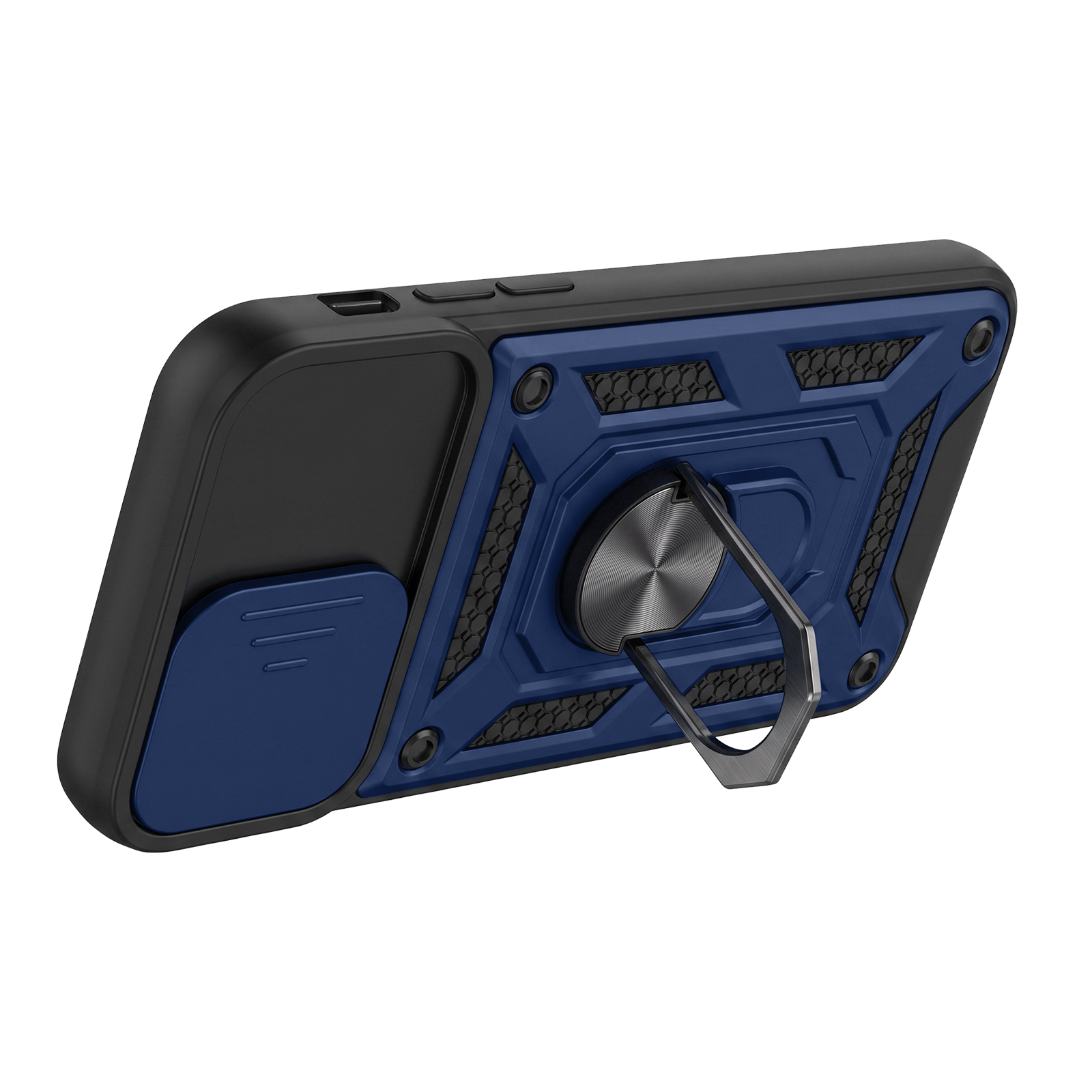 Schwarze und blaue robuste Smartphone-Hülle mit integriertem Metallringhalter und Kamera-Schiebeabdeckung.