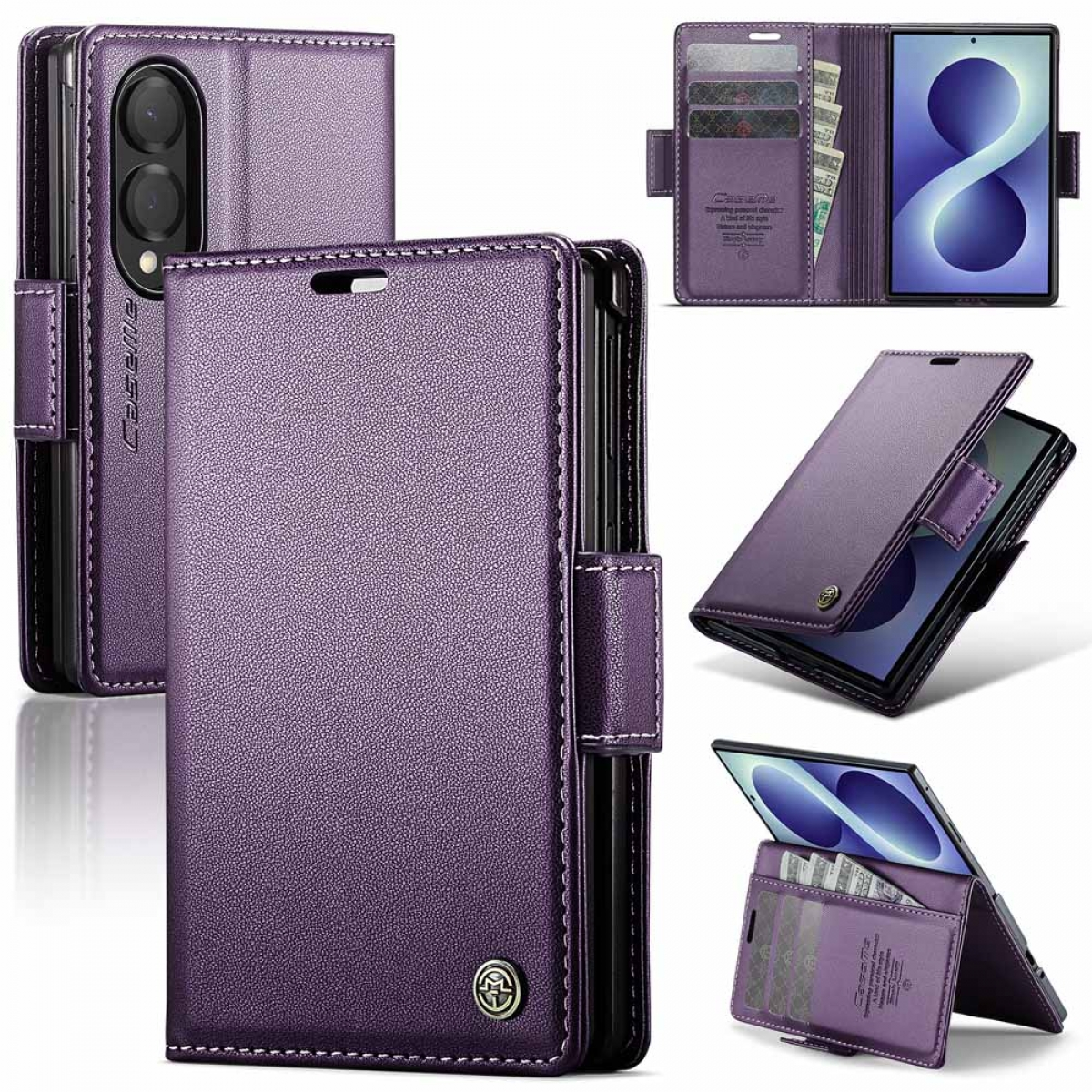 Lila Leder-Klapphülle für Smartphone mit Kartenfächern und Ständer.