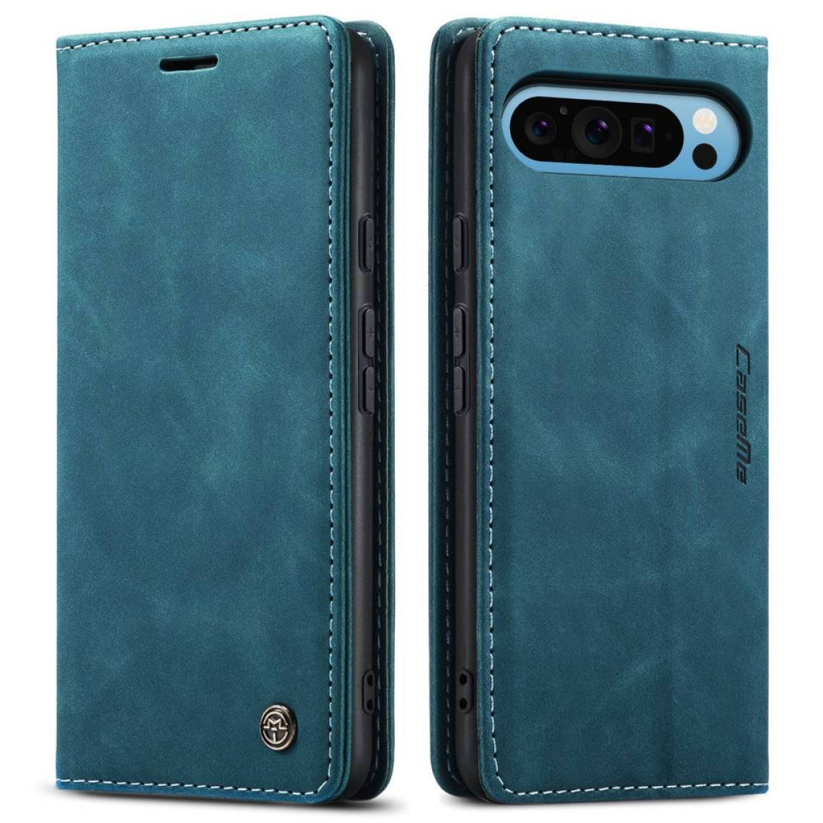 Blaue Leder-Klapphülle für Smartphones mit sichtbarer Kameraaussparung und Nähten.