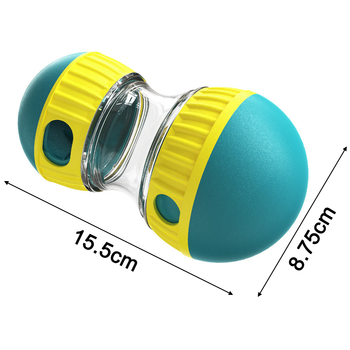 Ein blau-gelbes Hantel-Spielzeug mit klarem Mittelteil und Maßen von 15.5cm mal 8.75cm.