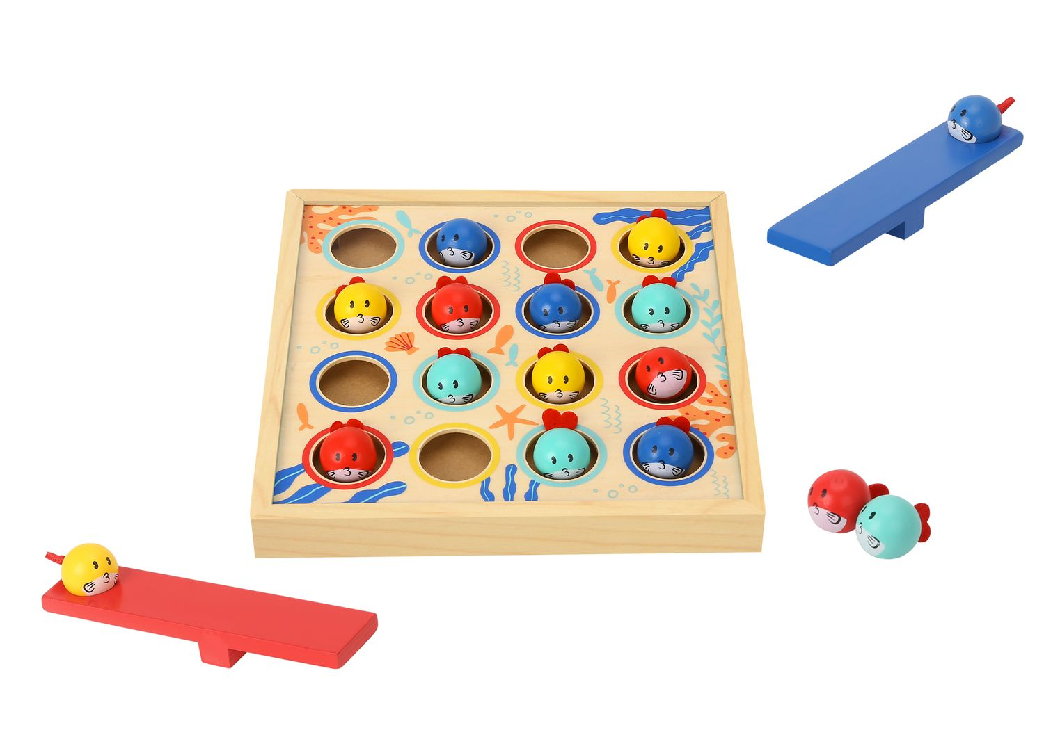 Ein Holzbrettspiel mit bunten Tierkugeln in Löchern, begleitet von zwei Hebeln und zwei losen Kugeln.