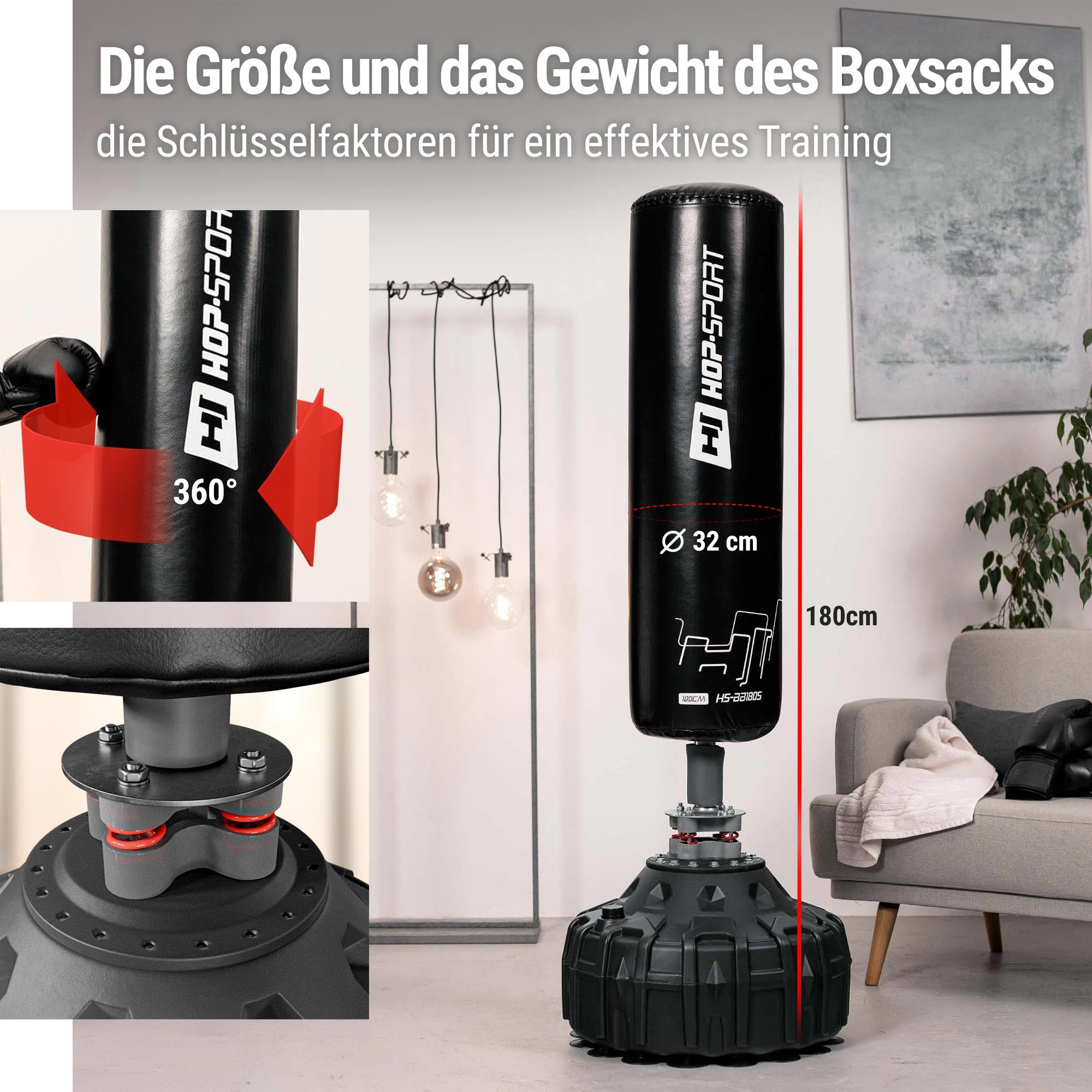 Schwarzer Freistehender Boxsack mit 360-Grad-Rotation, Federsockel und Größenangaben in einem Wohnzimmer.