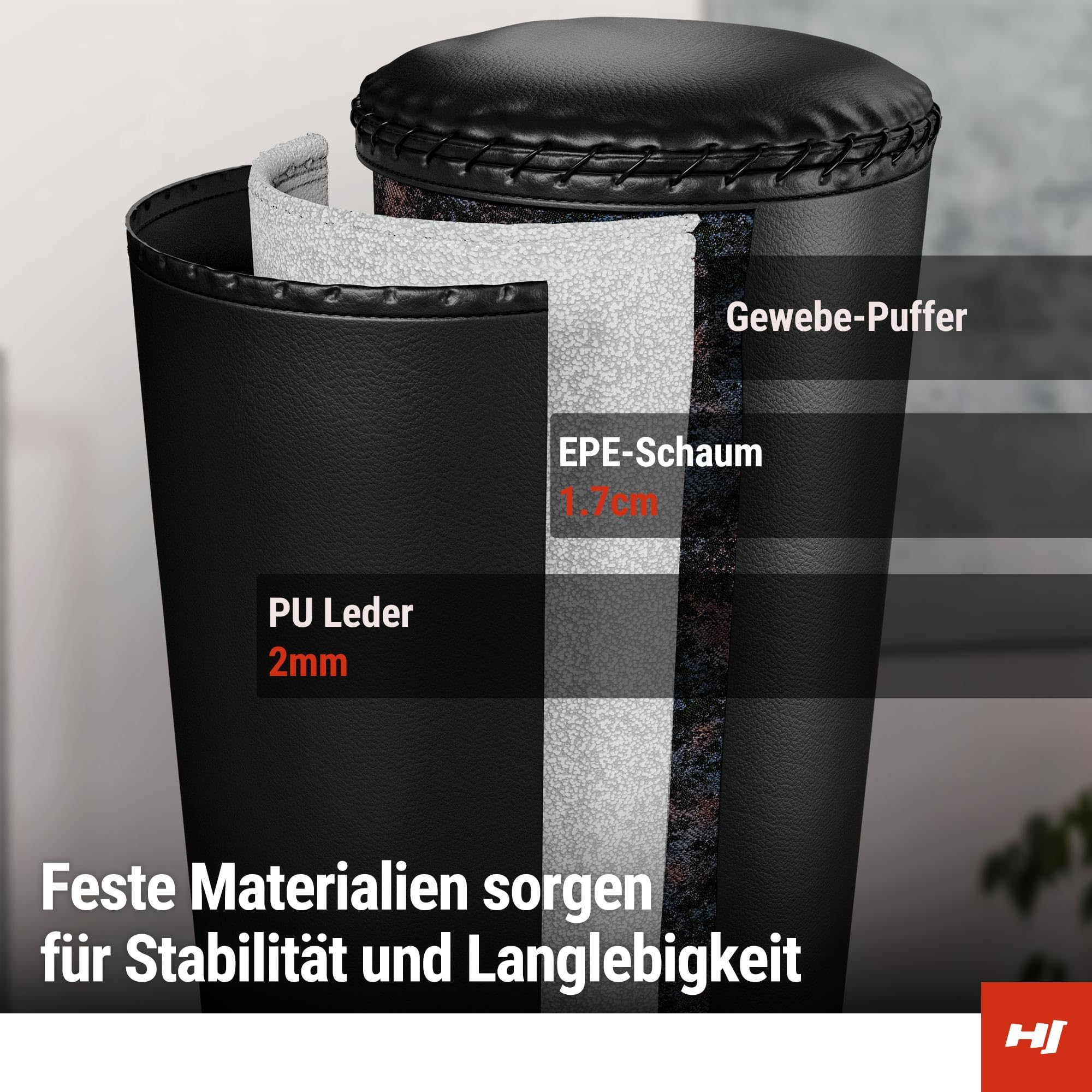 Schnittansicht eines Boxsacks zeigt PU-Leder, EPE-Schaum und Gewebeschichten für Langlebigkeit.