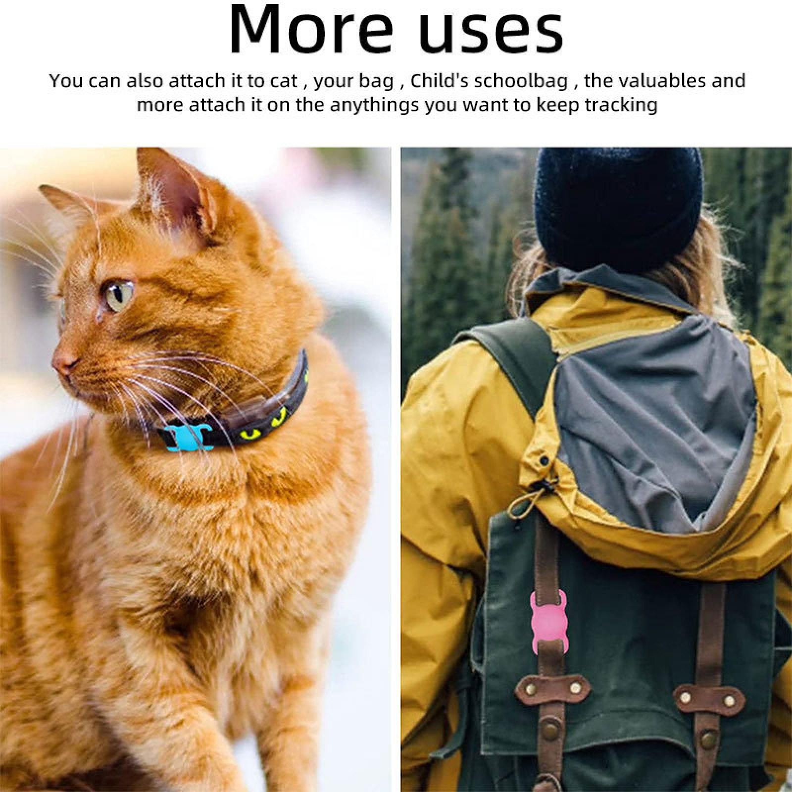 Eine orangefarbene Katze mit Halsband und eine Person mit Rucksack und rosa Tracker-Anhänger.
