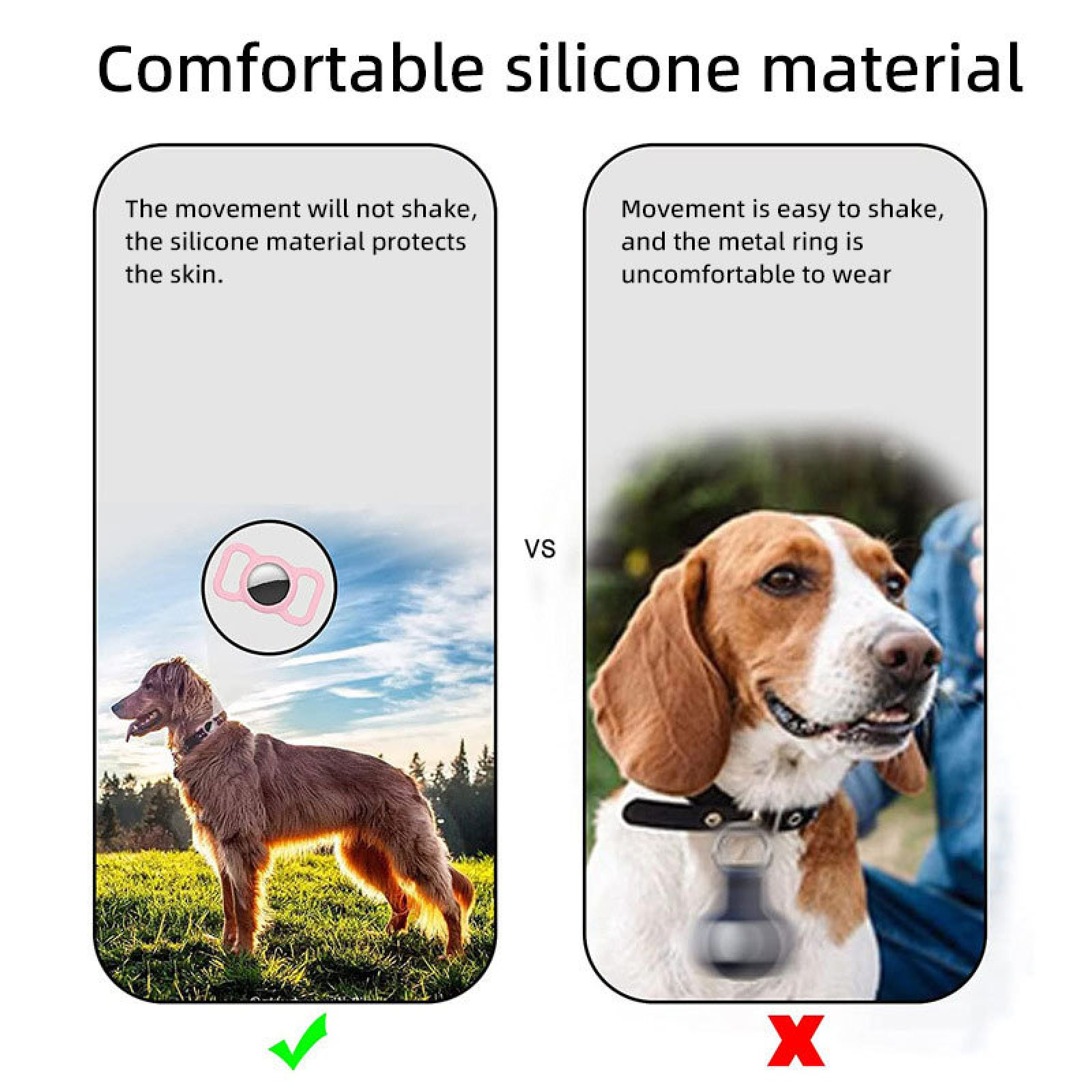 Vergleich von Silikon- und Metallringen am Hundehalsband mit Text.