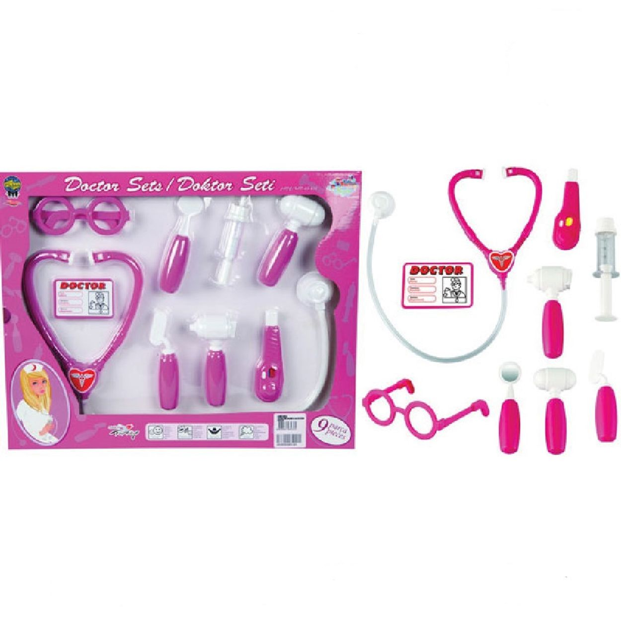 Ein rosafarbenes Arztspielzeug-Set mit Stethoskop, Brille, Spritze und medizinischen Werkzeugen in einer Verpackung.