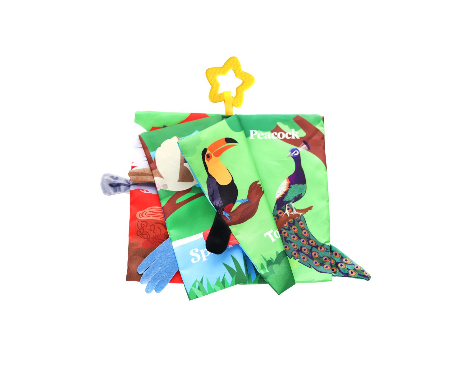 Ein weiches Babysuchbuch mit bunten Vogelillustrationen wie Tukan und Pfau sowie einem gelben Stern-Beißring.