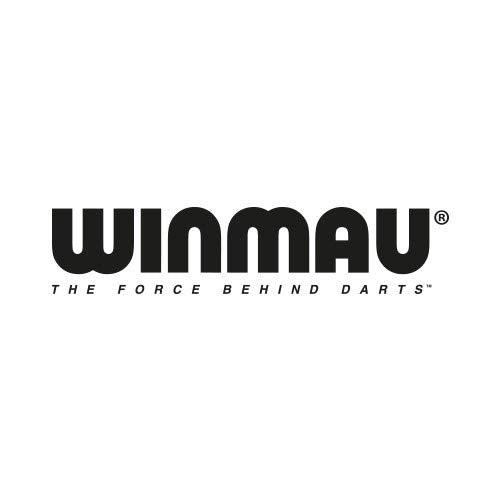 Das schwarze Winmau-Logo mit dem Slogan The Force Behind Darts vor weißem Hintergrund.