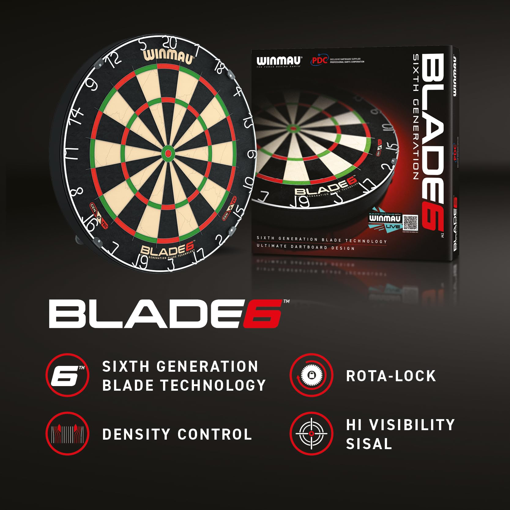 Winmau Blade 6 Steeldartboard mit Verpackung und technischen Features auf schwarzem Hintergrund.