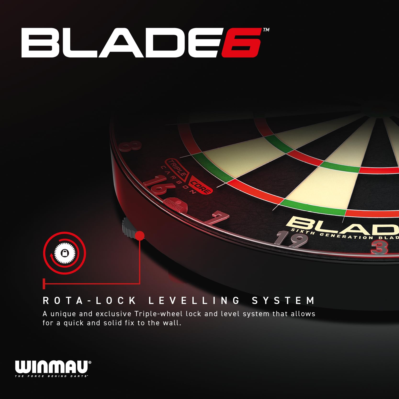 Nahaufnahme eines Winmau Blade 6 Dartboards mit Rota-Lock-Nivelliersystem.