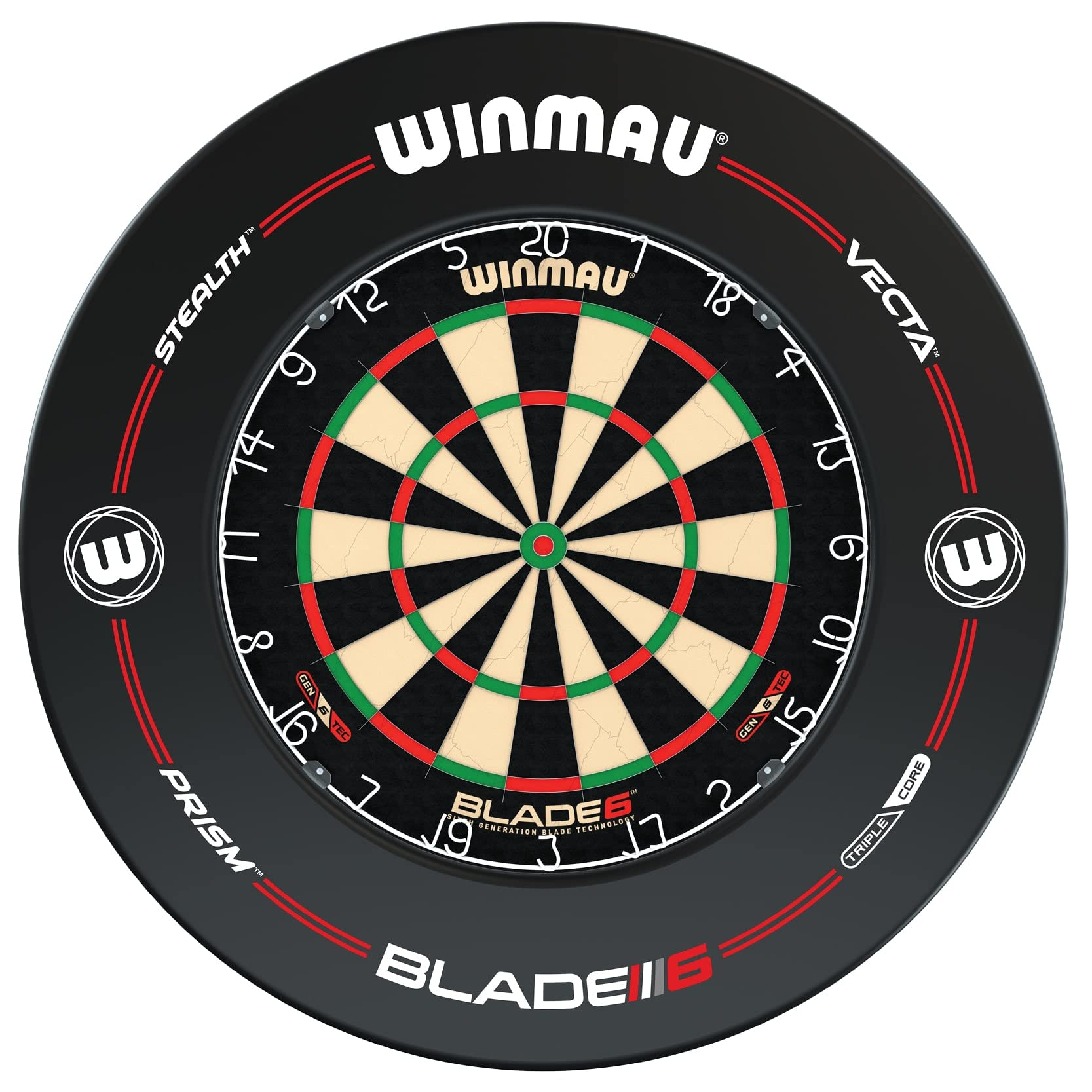 Eine runde Winmau Blade 6 Dartscheibe mit schwarzem Surround und bunten Wertungssegmenten.