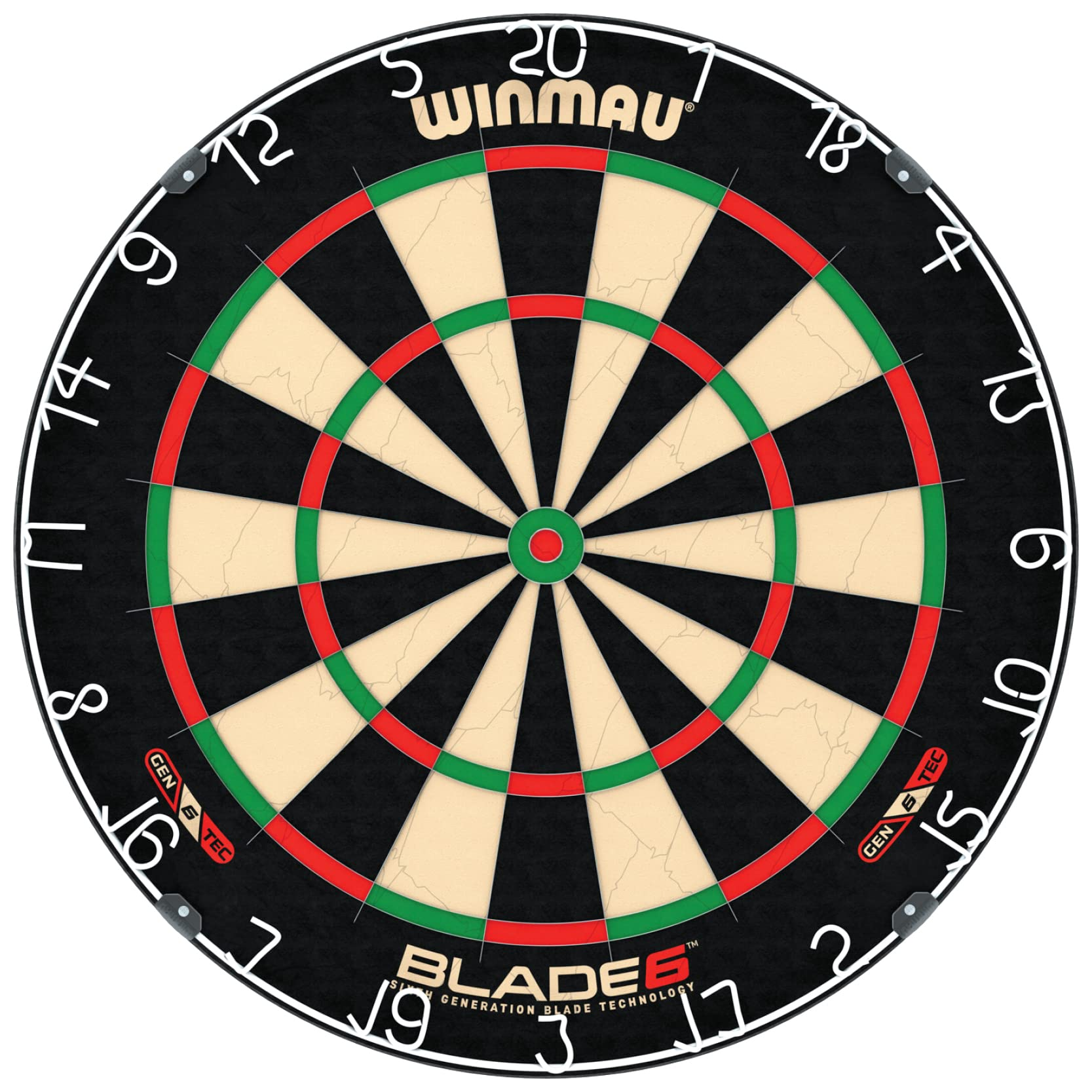 Eine Winmau Blade 6 Dartscheibe mit roten und grünen Feldern, einer schwarzen Zifferblattumrandung und weißen Zahlen.