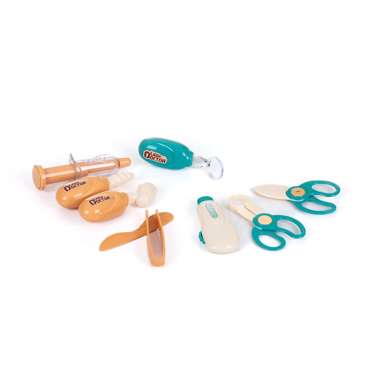 Ein Set aus bunten Plastik-Arztspielzeug, darunter Spritze, Thermometer und Schere, vor weißem Hintergrund.