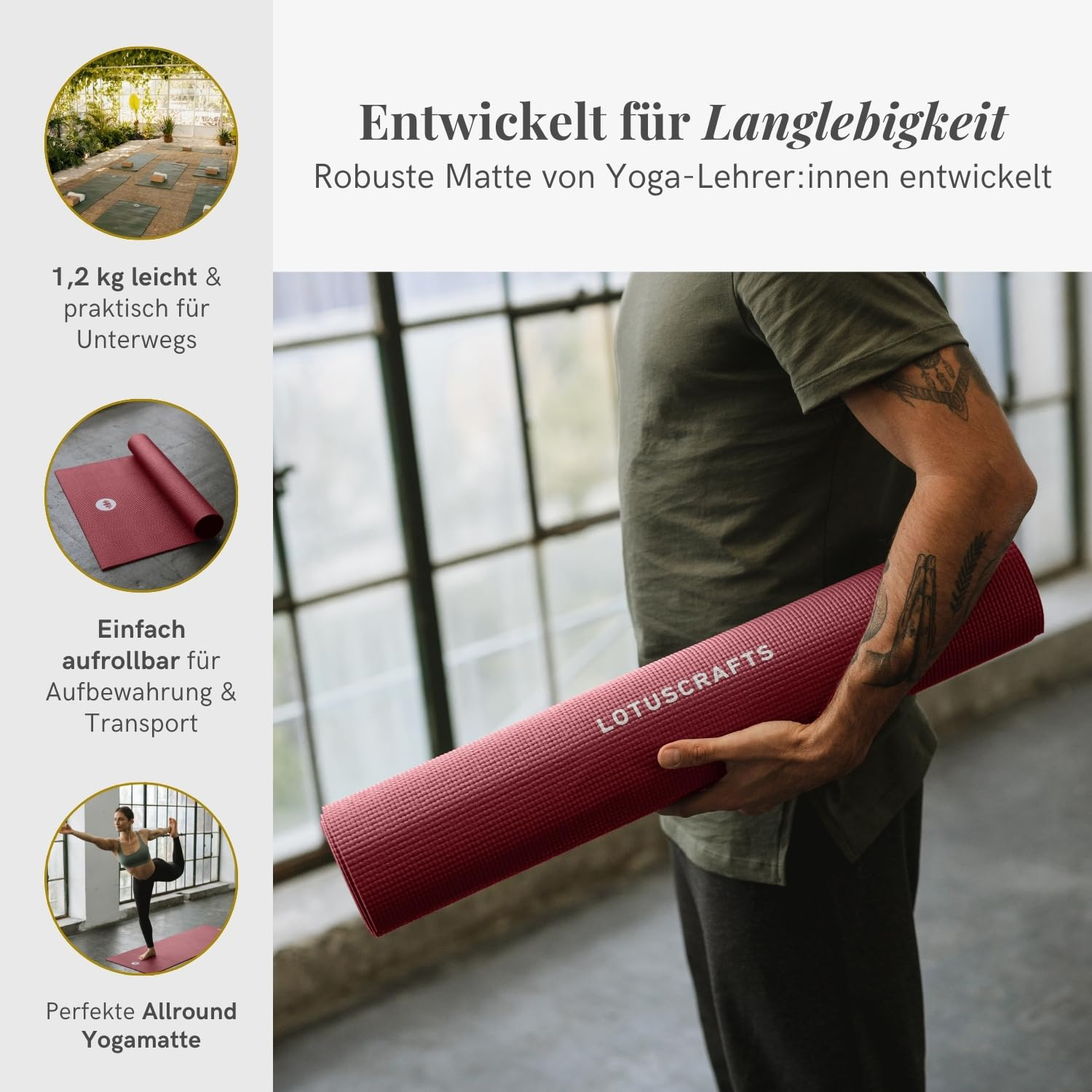 Una persona tiene in mano un tappetino da yoga rosso Lotuscrafts davanti a una finestra.