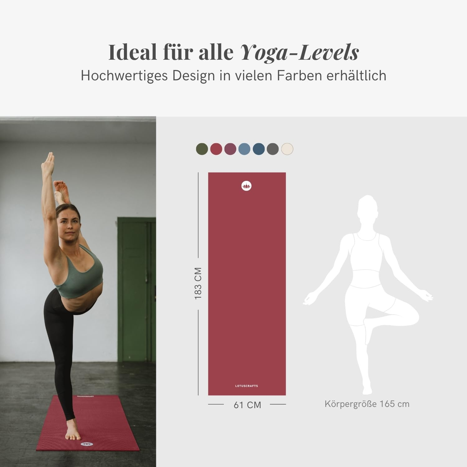 Tappetino yoga color bacca, 183x61 cm, con opzioni di colore e una donna in posa yoga.