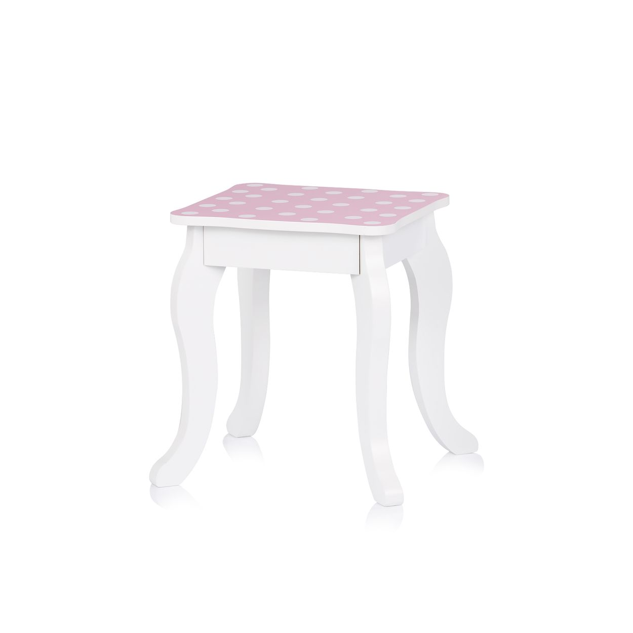 Ein weißer Stuhl mit geschwungenen Beinen und einer rosa Polsterung mit weißen Punkten auf der Sitzfläche.