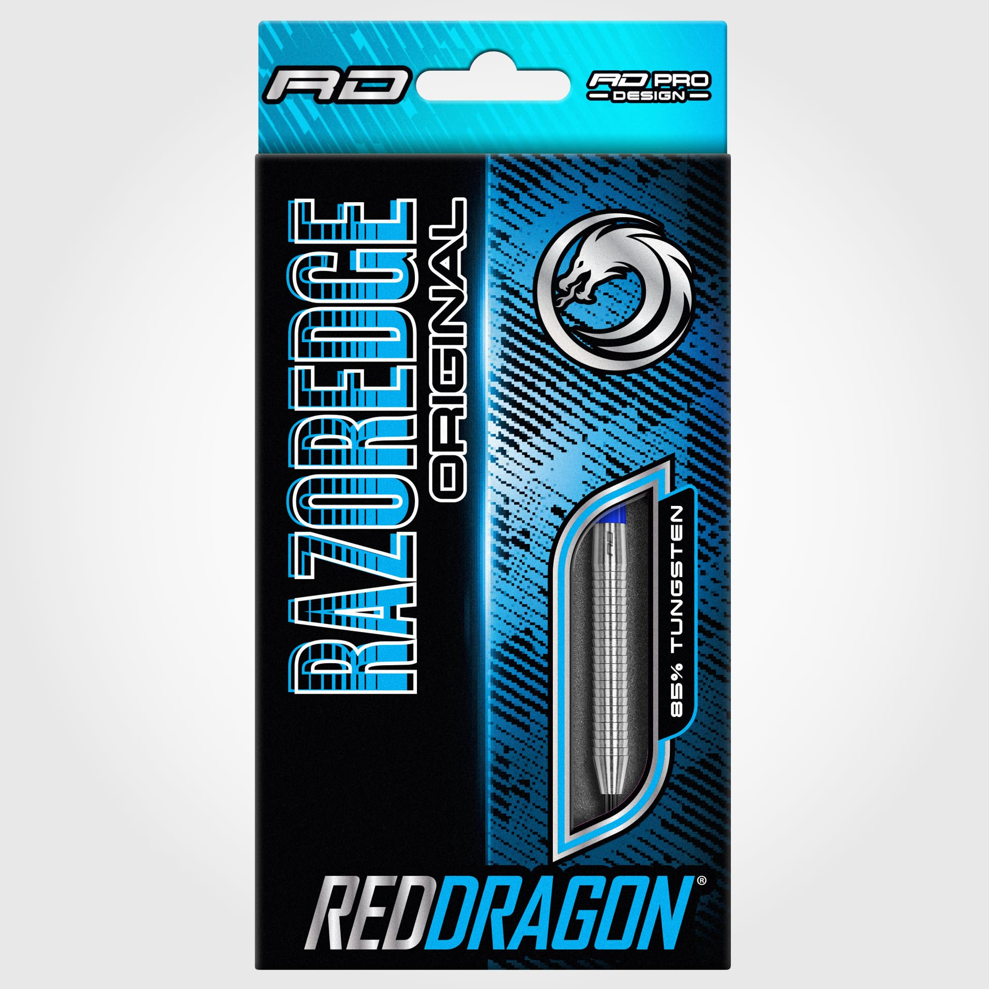 Verpackung von Razor Edge Original Darts mit blau-schwarzem Design und Drachenlogo.