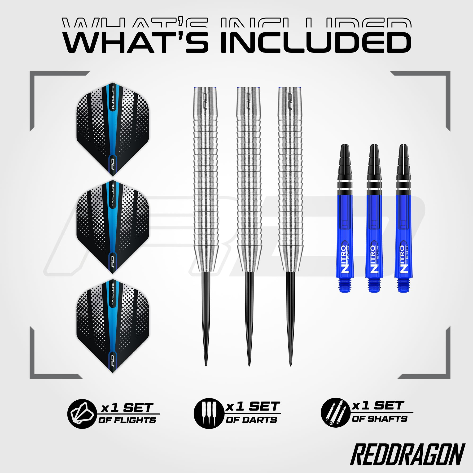 Red Dragon Dartset mit drei Flights, drei silbernen Barrels mit Spitzen und drei blauen Schäften.