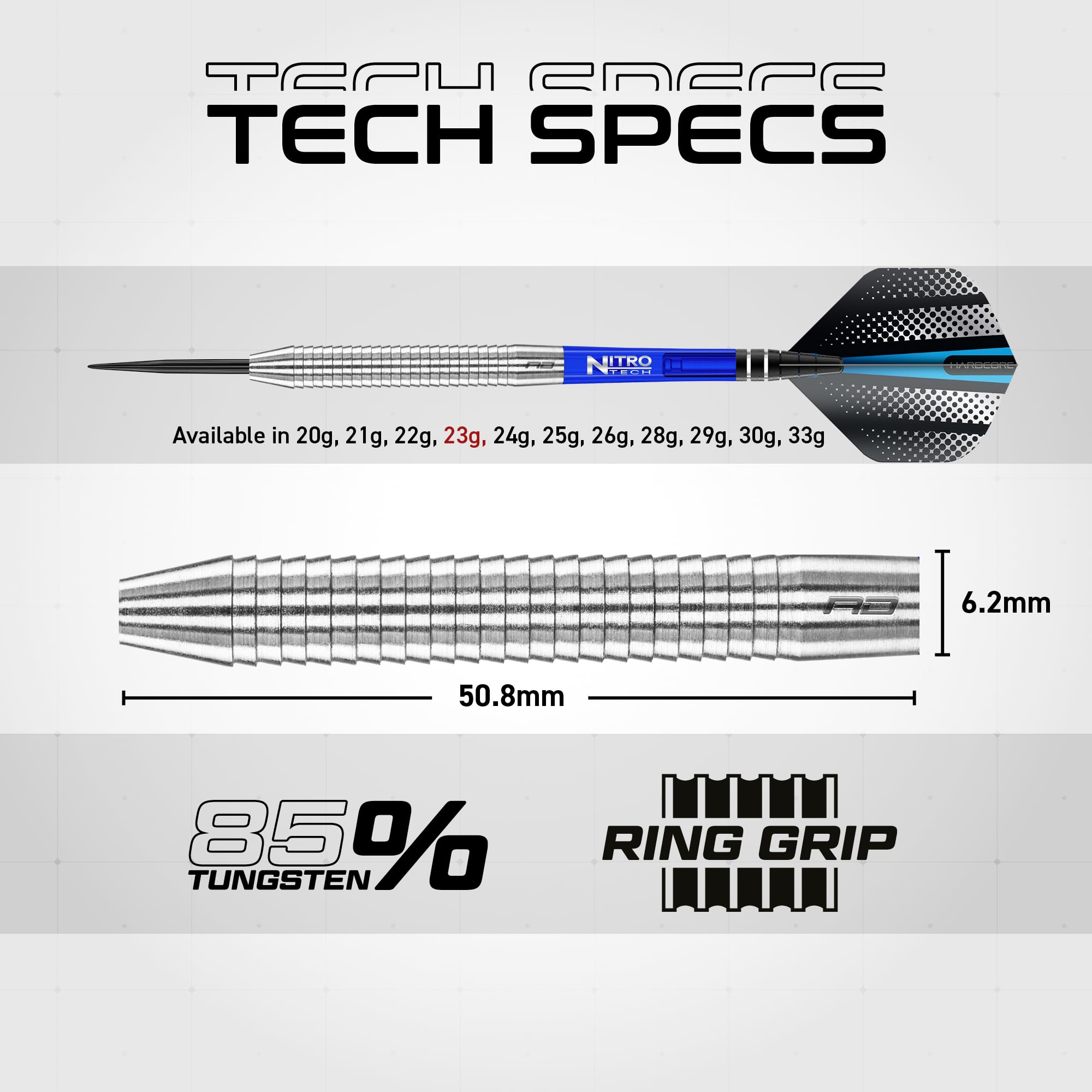 Technische Daten eines Darts mit 85% Wolfram, Ringgriff, Abmessungen von 50,8 mm Länge und 6,2 mm Breite.