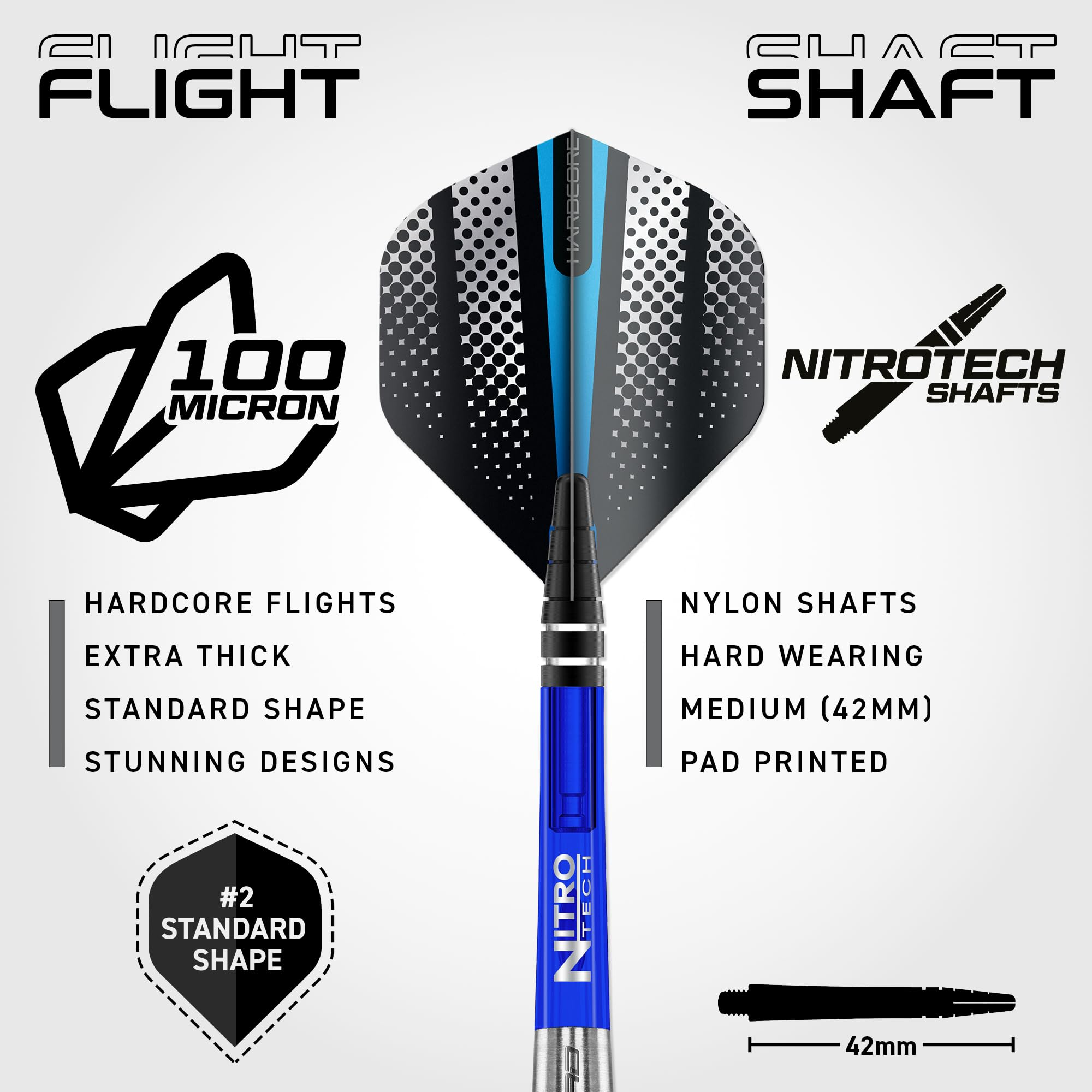 Produktwerbung für Hardcore-Dartsflügel und Nitrotech-Nylonschäfte in Blau, Schwarz und Weiß.