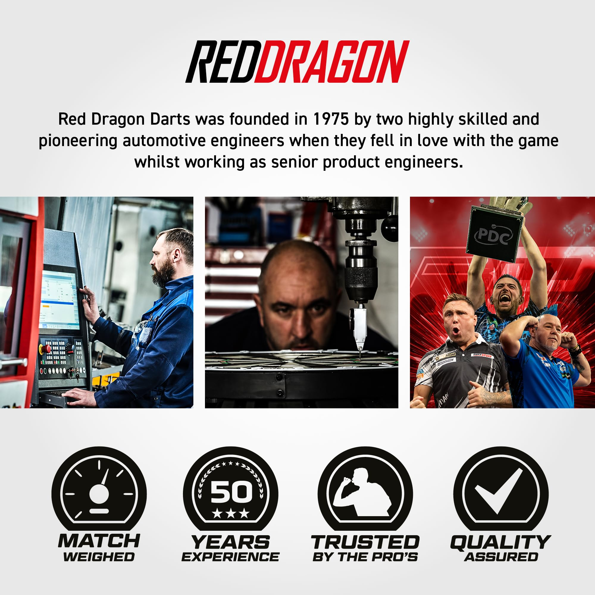Red Dragon Darts Markengeschichte mit Fabrikbildern, jubelnden Spielern und vier Qualitätslogos unten.