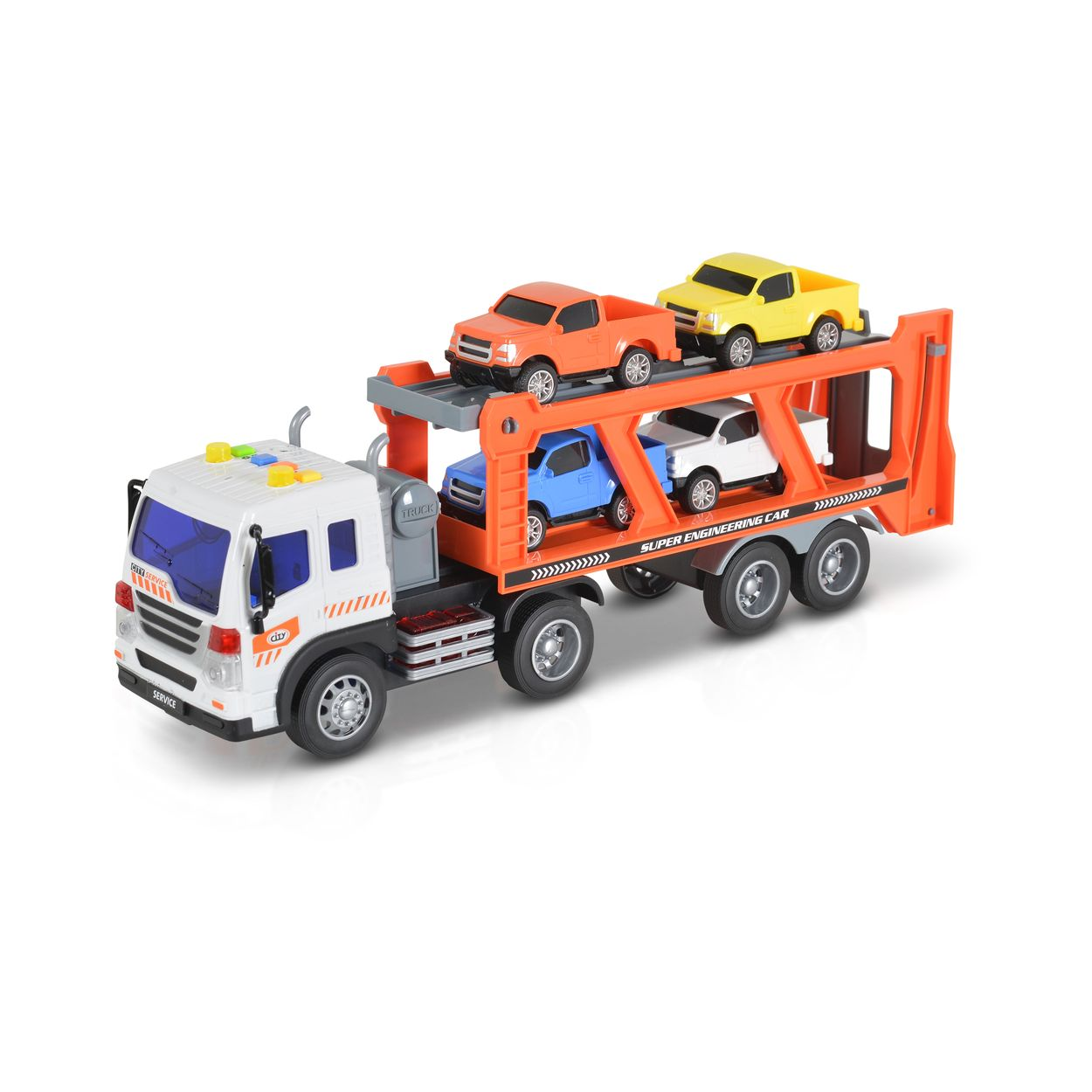 Ein weißer Spielzeug-Lastwagen mit orangem Anhänger transportiert vier kleine Autos in Orange, Gelb, Blau und Weiß.