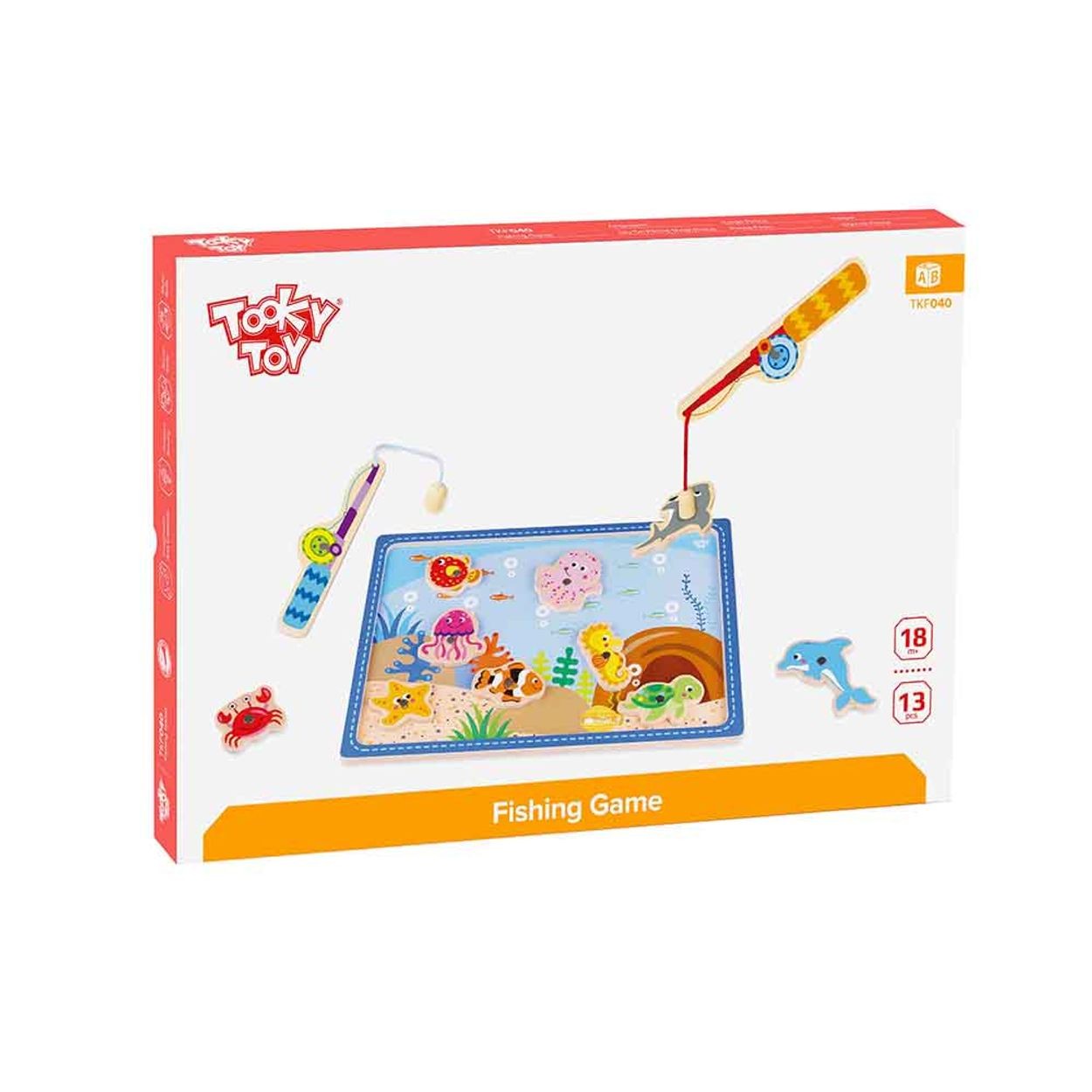 Tooky Toy Holz-Anglerspiel-Box mit Magnetbrett, bunten Meerestieren und zwei Angeln.