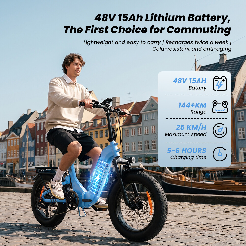 Ein Mann fährt ein hellblaues E-Bike an einer historischen Uferpromenade.