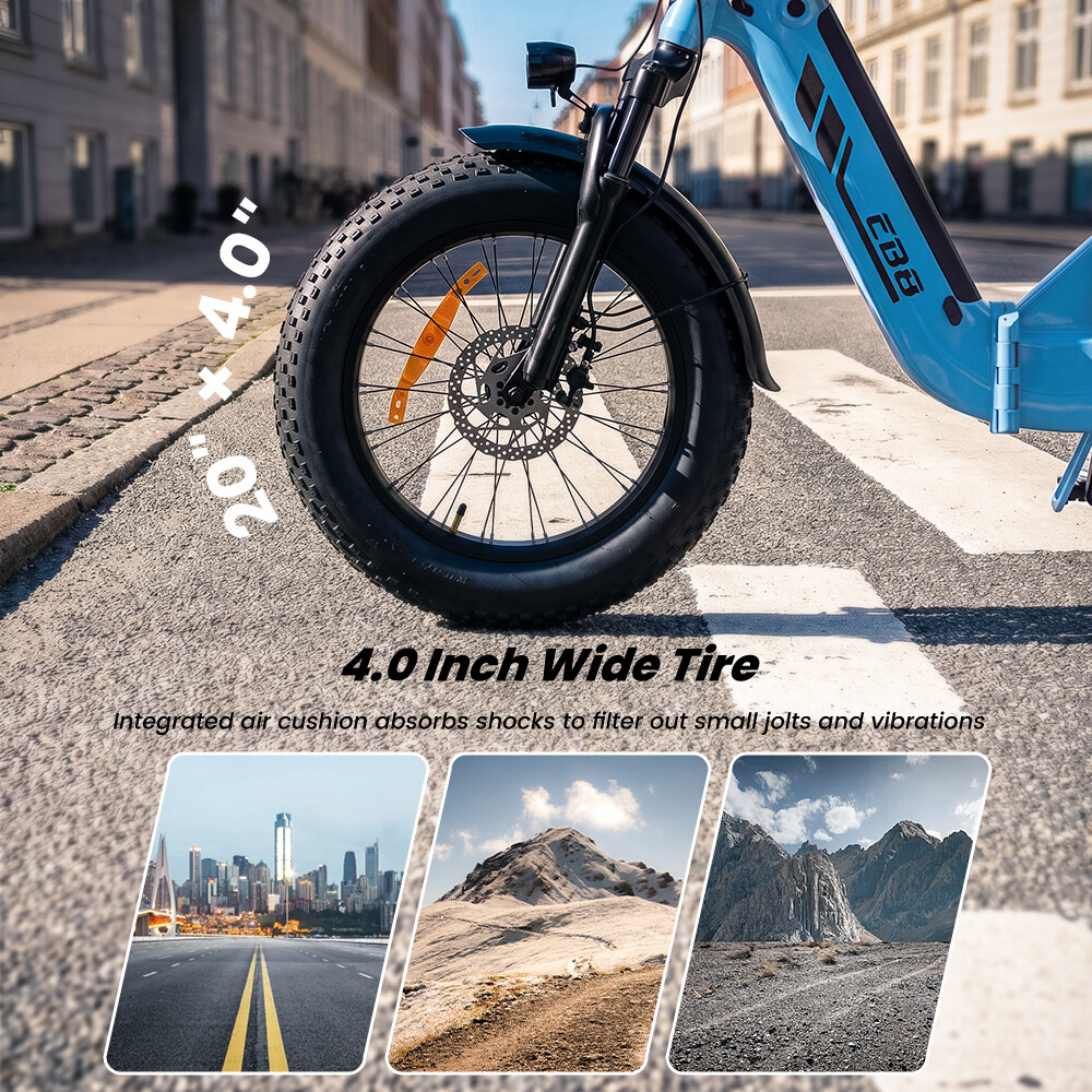 Nahaufnahme eines breiten 20x4,0 Zoll E-Bike-Reifens auf einem Bürgersteig mit drei kleineren Ansichten.