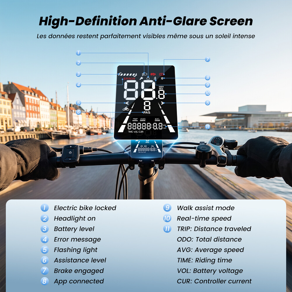 E-Bike-Lenker mit hellem Digitaldisplay vor einer Hafenstadt und Erklärungen zu den Display-Funktionen.