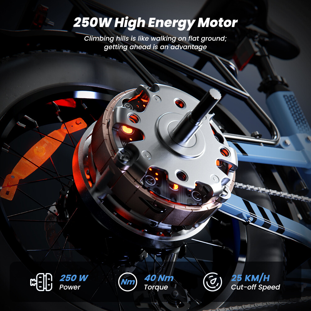 Ein 250W E-Bike-Motor am Hinterrad mit Spezifikationen für Leistung, Drehmoment und Geschwindigkeit.