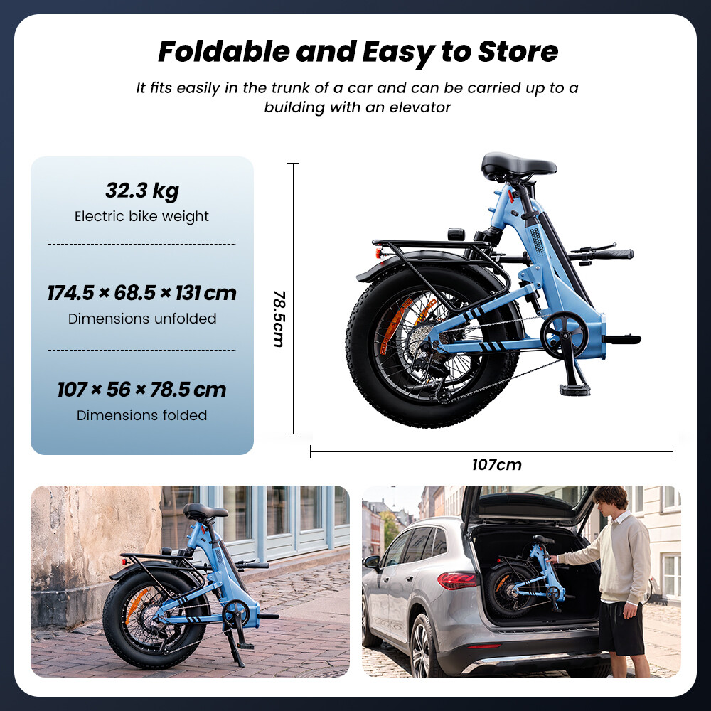 Faltbares E-Bike mit Maßen, Gewicht und Bildern, wie es in einen Kofferraum passt.