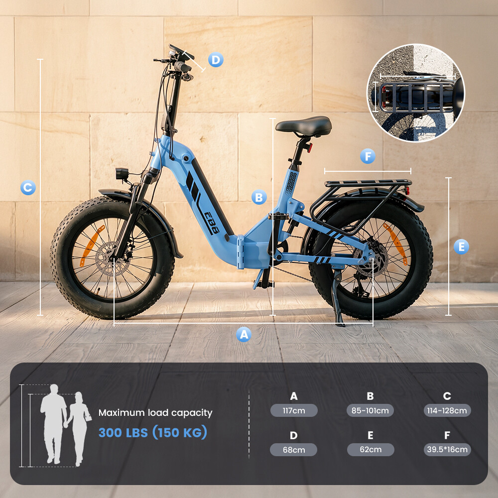 Ein hellblaues Klapp-E-Bike vor einer Wand mit Maßangaben A bis F und einer Belastungstabelle.