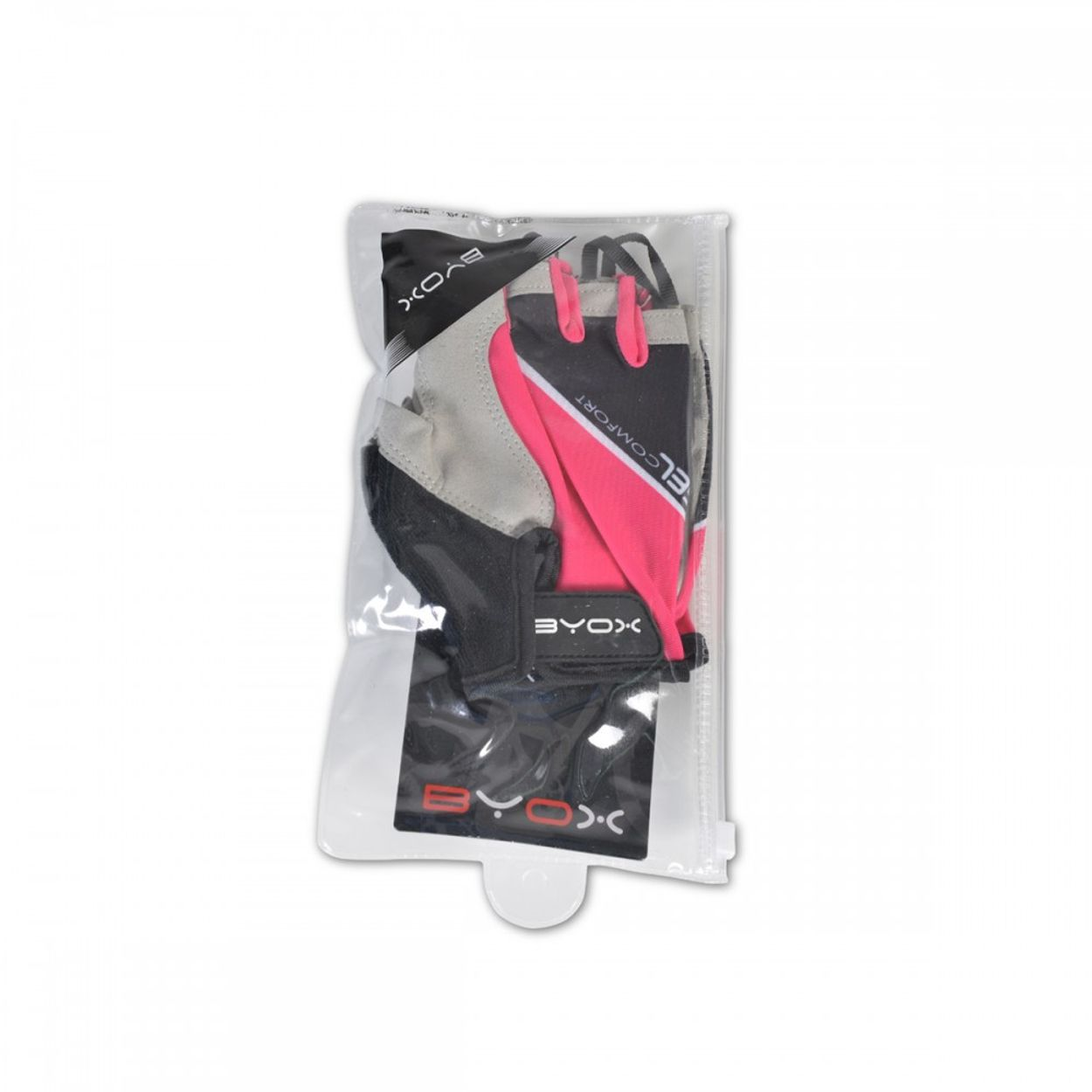 Rosa, schwarze und graue Fahrradhandschuhe in einer geschlossenen Plastiktüte.
