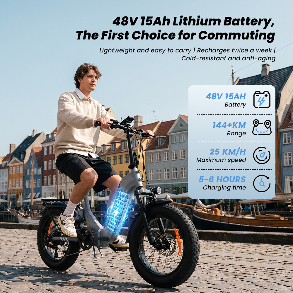 Ein Mann fährt auf einem E-Bike eine Kopfsteinpflasterstraße entlang, historische Gebäude im Hintergrund.