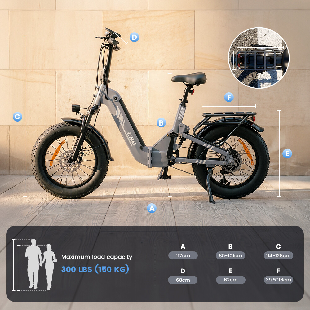 Graues E-Bike mit dicken Reifen, Maßen und Kapazitätsangabe.