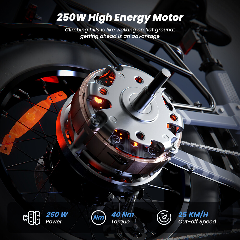 Ein 250W E-Bike-Motor mit silberner Abdeckung und orangefarbener Beleuchtung im Inneren.