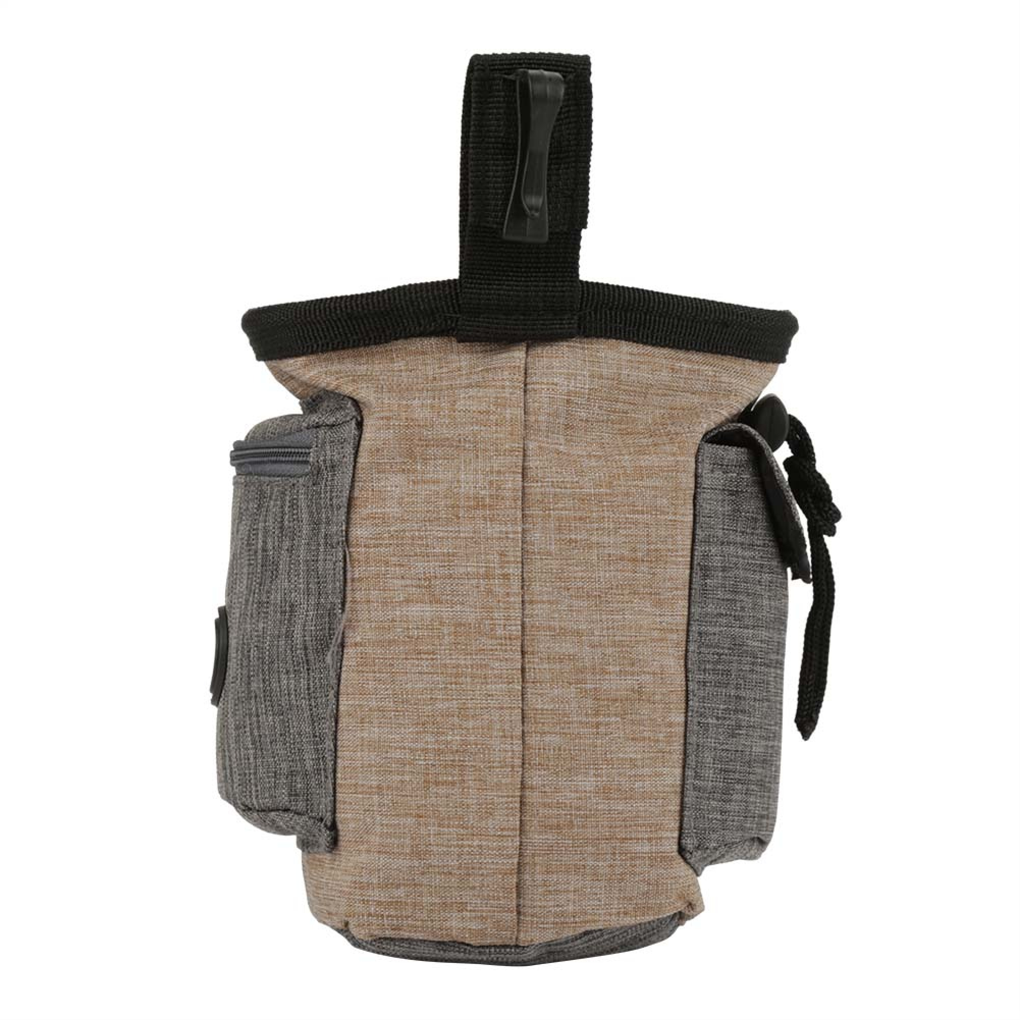 Beigefarbene Snacktasche aus Stoff mit grauen Seitentaschen und schwarzem Gürtelclip gegen weißen Hintergrund.