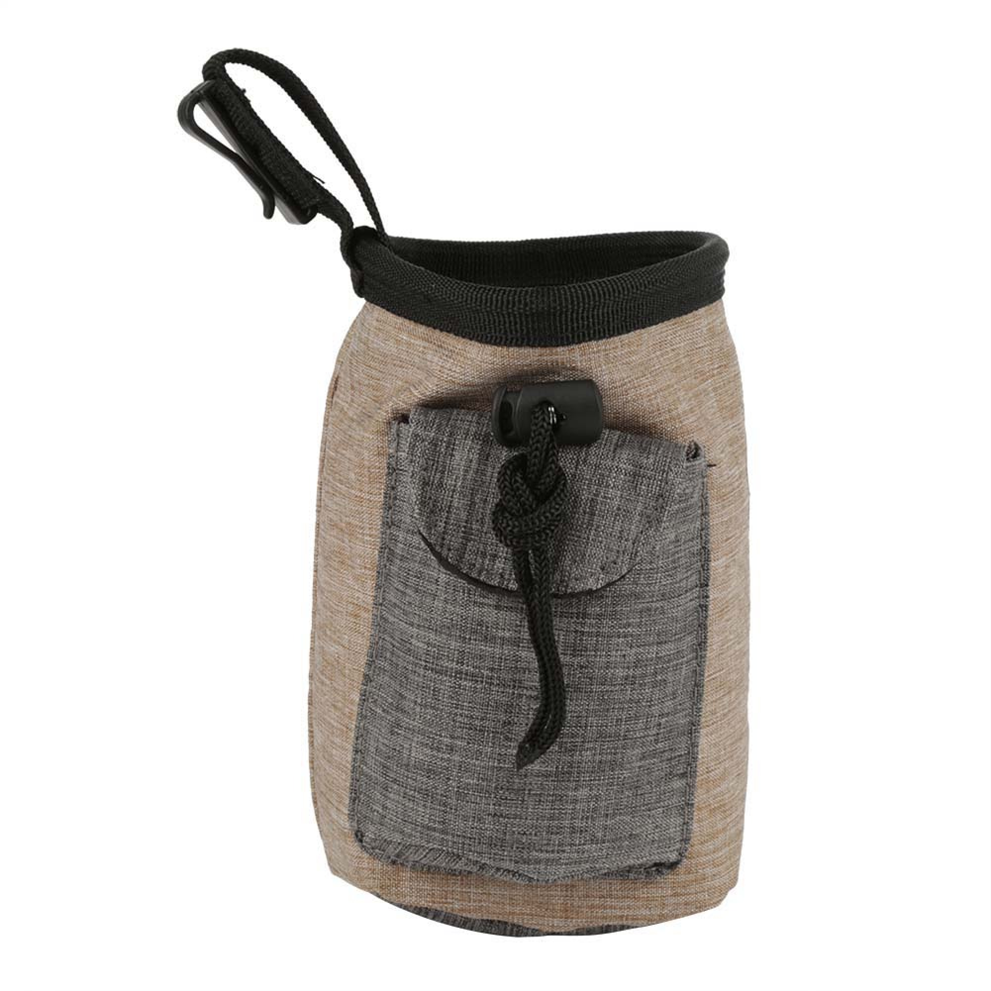 Beige-schwarzer Snackbeutel für Hunde mit Clip und Fronttasche.